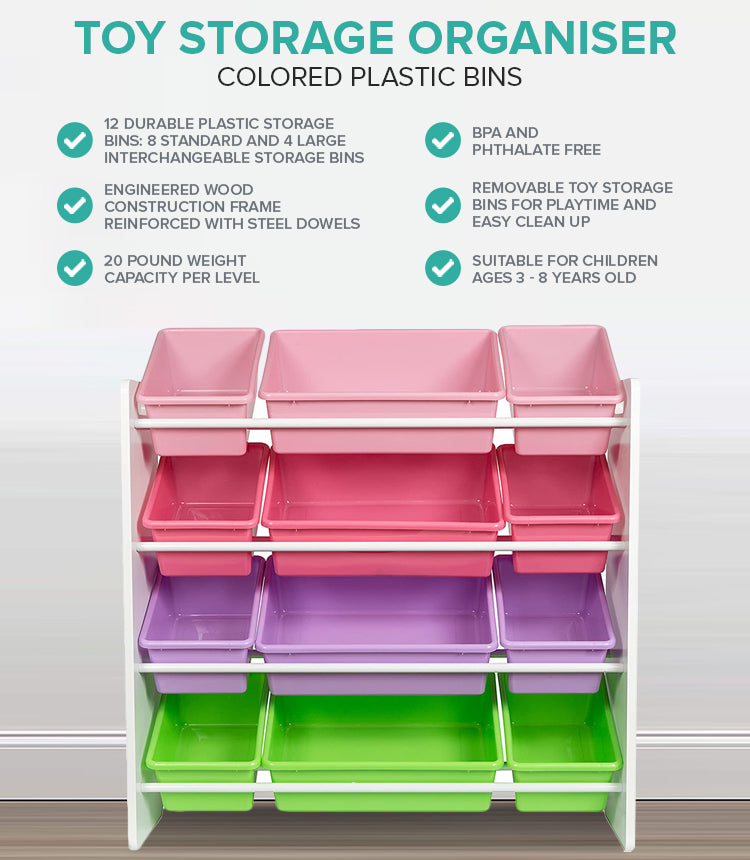 Toy Storage Organiser with Bins (Pink, Green and Purple)