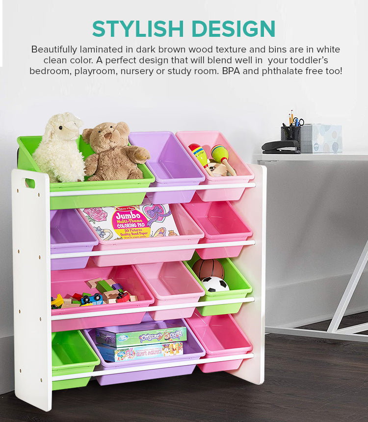 Toy Storage Organiser with Bins (Pink, Green and Purple)