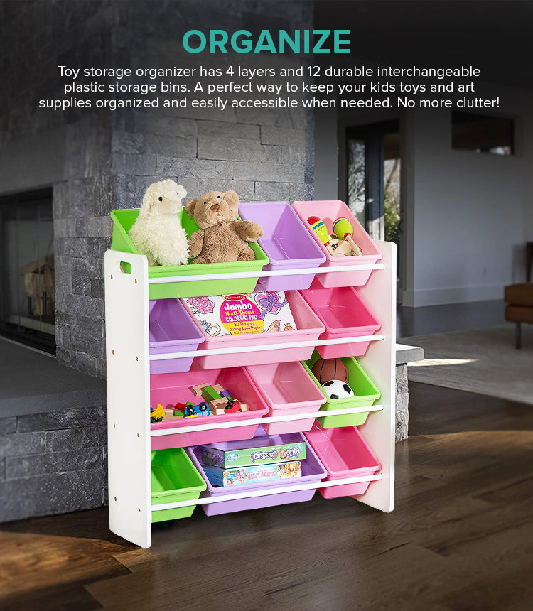 Toy Storage Organiser with Bins (Pink, Green and Purple)