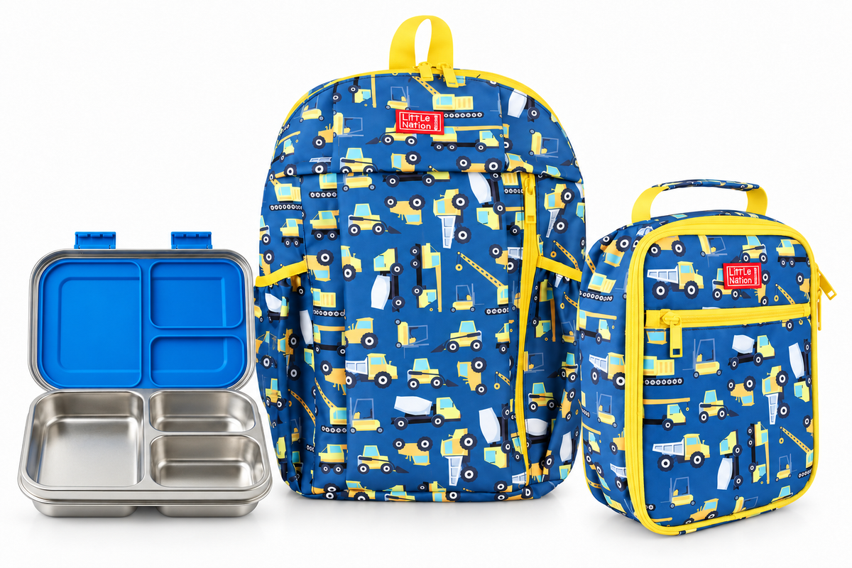 Blue & Yellow Trucks backpack and lunchbox cooler with Blue stainless steel bento box